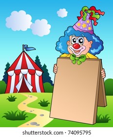 Clown holding board near tent - vector illustration.
