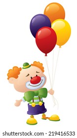 Clown holding a bunch of balloons.