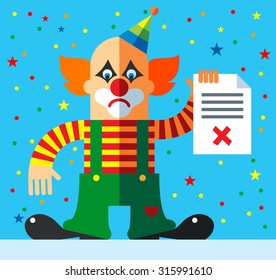 Clown  holding checklist with X sign. Flat vector illustration