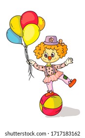 Clown holding colorful balloon in hand balancing on ball. Child having cute makeup wearing funny costume and hat showing trick isolated on white background. Circus performance in amusement park
