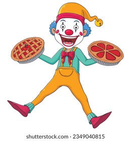 clown holding pies and jumping