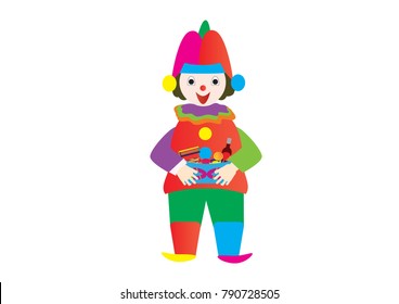 Clown holding Purim treats. Jewish holiday mishloach manot