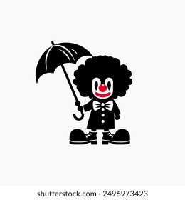 A clown holding an umbrella. The image is black and white. Scene is lighthearted and playful