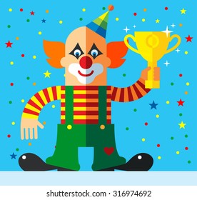 Clown  holding winning trophy. Flat vector illustration