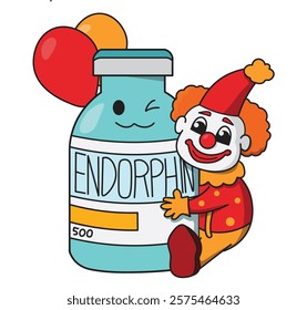 clown hugging endorphin bottle with face