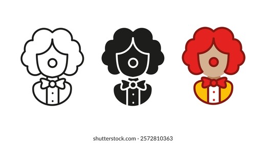 Clown icon. Circus joker vector illustration. Comic clown wig with red nose carnival costume symbol. Comedian character uniform sign. Jester performance pictogram. Clown comedian artist person mascot.