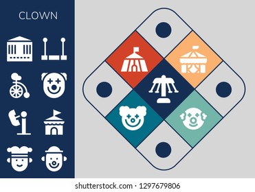  clown icon set. 13 filled clown icons. Simple modern icons about  - Carousel, Joker, Clown, Amusement park, Circus, Unicycle, Trapeze