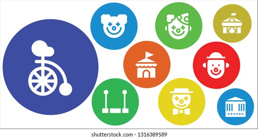 clown icon set. 9 filled clown icons.  Collection Of - Unicycle, Clown, Trapeze, Circus, Carousel