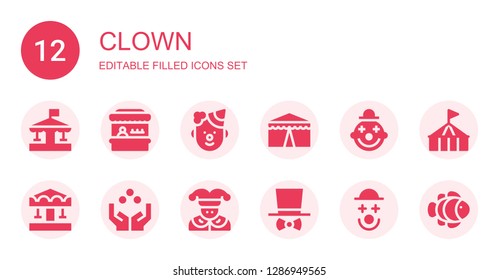 clown icon set. Collection of 12 filled clown icons included Carousel, Fairground, Clown, Circus, Juggling ball, Joker, Costume, fish
