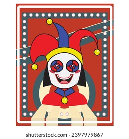 clown informal poster game design. Funny kids vector illustration. Fictional character wearing a jester's hat through the eyes of a famous circus amazing. Red Blue Yellow colors. Birthday Party item. 