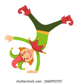 Clown jester in circus amusing upside down vector cartoon character isolated icon