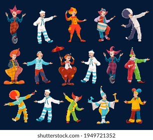 Clown and joker cartoon characters of circus and carnival show vector design. Jesters, comedian actors and mimes with funny faces, costumes and shoes, red noses, hats and balloons, umbrella, unicycle