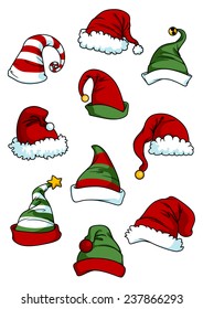 Clown, joker and Santa Claus cartoon hats set isolated on white for seasonal or comics design