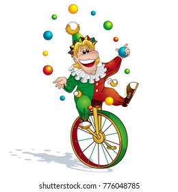 The Clown Juggler In A Red-green Suit And A Cap Juggles With Balls And Rides On A Unicycle. A Circus Character In The Style Of A Card. Funny Kids Vector Illustration.