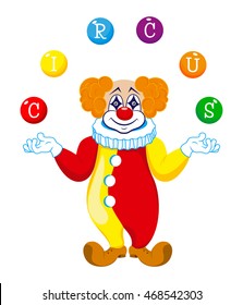 A clown juggles balls with the word circus