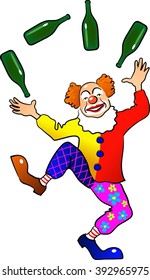The clown juggles bottles. On white background
