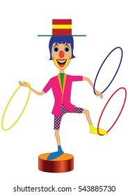The clown juggles three to hoops on a light background