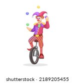 Clown juggling ball while riding unicycle one wheeled bicycle cartoon illustration vector