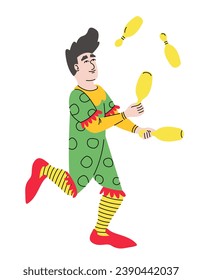 Clown is juggling. Circus character in doodle style.