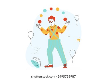 Clown juggling concept. Man costume and mask juggles colorful balls. Circular artist performing. Jester at masquerade. Holiday and carnival. Fun and entertainment. Linear vector illustration