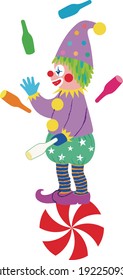 A clown juggling on a ball