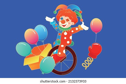 Clown juggling on a unicycle, april fools day, circus, vector illustration