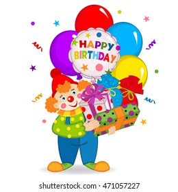 clown keeps balloons and birthday gifts - vector illustration, eps