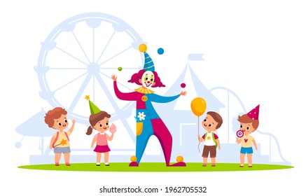 Clown with kids. Cheerful children and funny juggler in carnival costume, cute boys and girls in park or circus, birthday celebration juggling balls performance. Vector cartoon concept