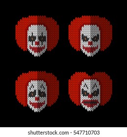 Clown knitted flat icons set of different emotion. Faces clown - joy, sadness, anger, fear. Creative idea for design. Vector elements