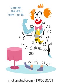 Clown magician in circus with hat. Activity page for kids. Educational game. Connect dots from 1 to 30.