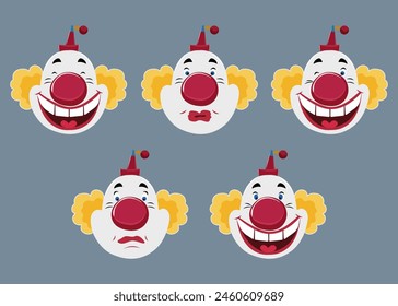 Clown magician illusionist character illusionist character vector set design. Birthday, circus, performance magician and clown character with different emotions.  isolated on gray background. 