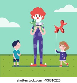 Clown is making balloon animals for girl and boy. Inflatable twisted dogs for two cute kids. Modern flat vector illustration clipart.