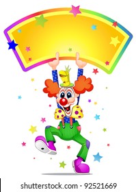 Clown mascot laughing and holding placard