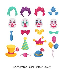 Clown mask. Circus costume with wig, hair and hat. Funny nose. Jesters ties. Holiday balloons. Joker icon. Cap for birthday party. Color hairstyles. Buffoon faces. Vector elements set