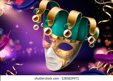 Clown mask design for carnival on purple bokeh background in 3d illustration