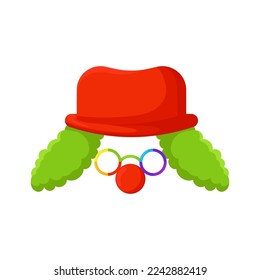 Máscara de payaso con plantilla de tazón rojo. Accesorio de humor festivo con peluca verde y nariz roja con gafas para fiestas de vector humorístico