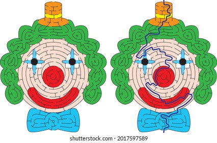 Clown maze for kids with a solution