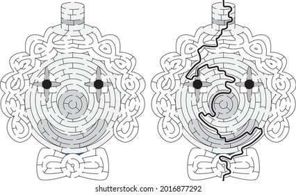 Clown maze for kids with a solution in black and white