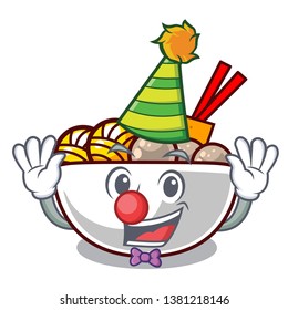 Clown meatballs are served in cartoon bowl