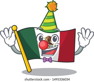 Clown mexico flag fluttering on cartoon pole