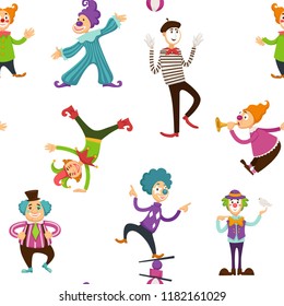 Clown and mime entertaining people seamless pattern vector