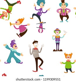 Clown and mime entertaining people seamless pattern vector.