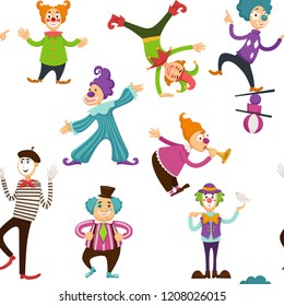 Clown and mime entertaining people seamless pattern vector.