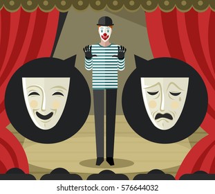 clown mime playing performance in theater dialog about comedy and drama masks