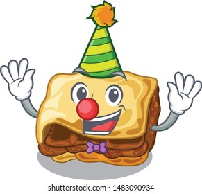 Clown moussaka holding hands up with hat