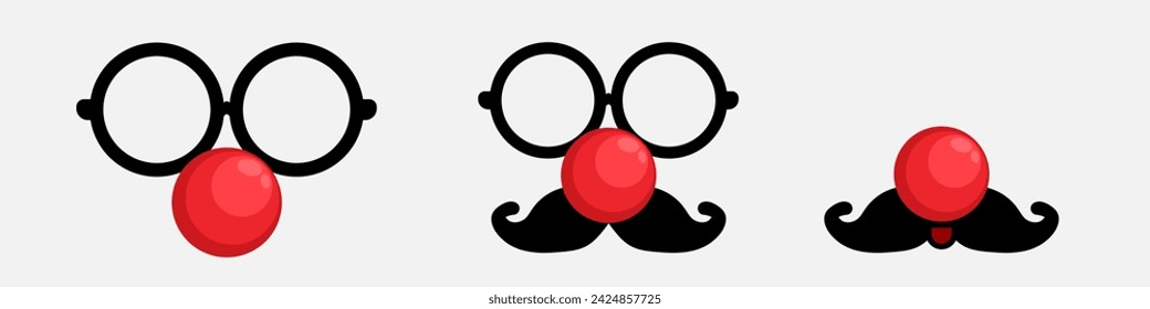 Clown nose with mustache and glasses set. Red sphere. Red Nose Day Greeting