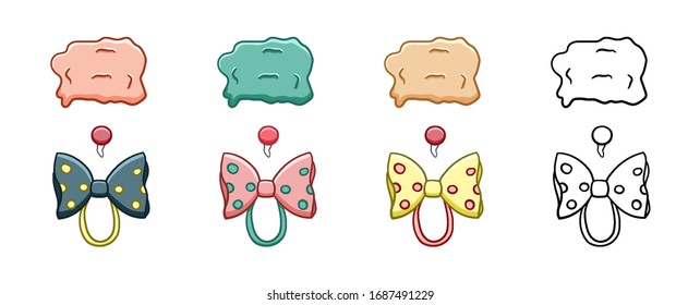 Clown nose, wig and bow set for party and celebration isolated illustration. Colored and graphic. White background, vector.