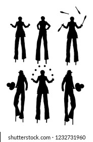 Clown on stilts with balloons vector silhouette isolated on white background. Street actor illustration. Juggler artist vector, Juggling with balls and pins. Clown in circus. Performer Artist acrobat.