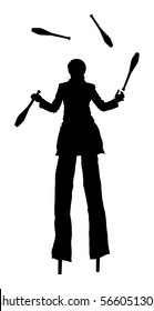 Clown on stilts vector silhouette isolated on white background. Street actor illustration. Juggler woman artist vector, Juggling  play with pins. Clown in circus jugging performs skill. Funny game.