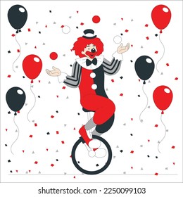 Clown on a unicycle juggling with balloon. Portrait of a screaming clown isolated on white background